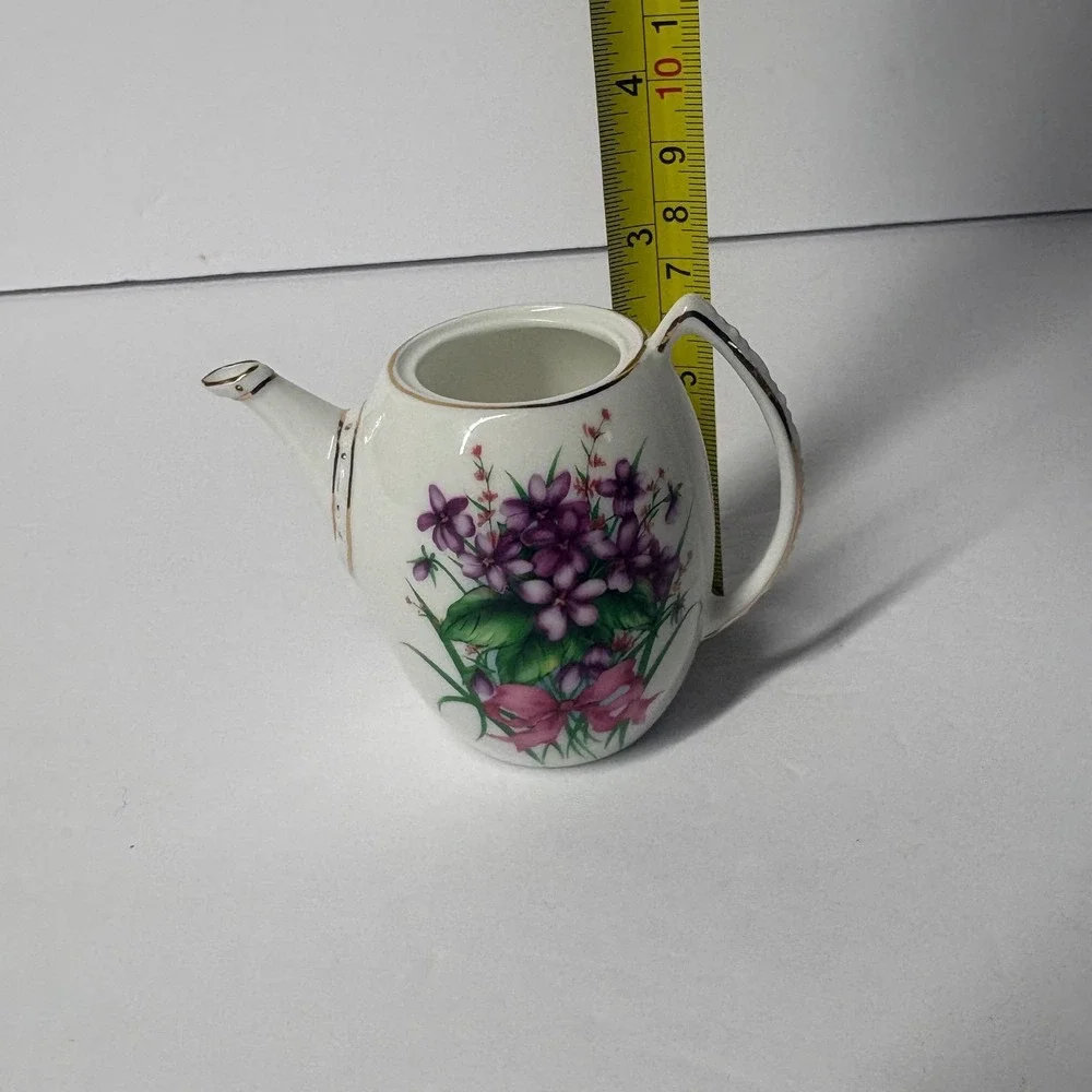 Miniature Porcelain Tea Set 11pc Purple Floral Gold Trim Teapot Cups Spoons